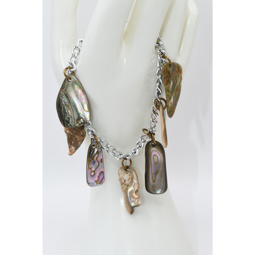Vintage W Germany Abalone Charm Bracelet Eloxal Silver Tone 7.5 Inch